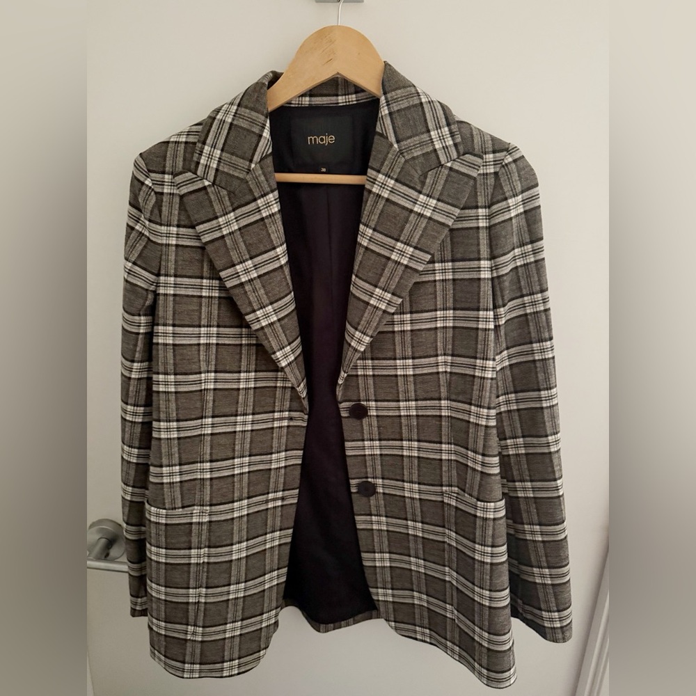 Maje Carreaux Brown Black Check Plaid Wool Blend Jacket